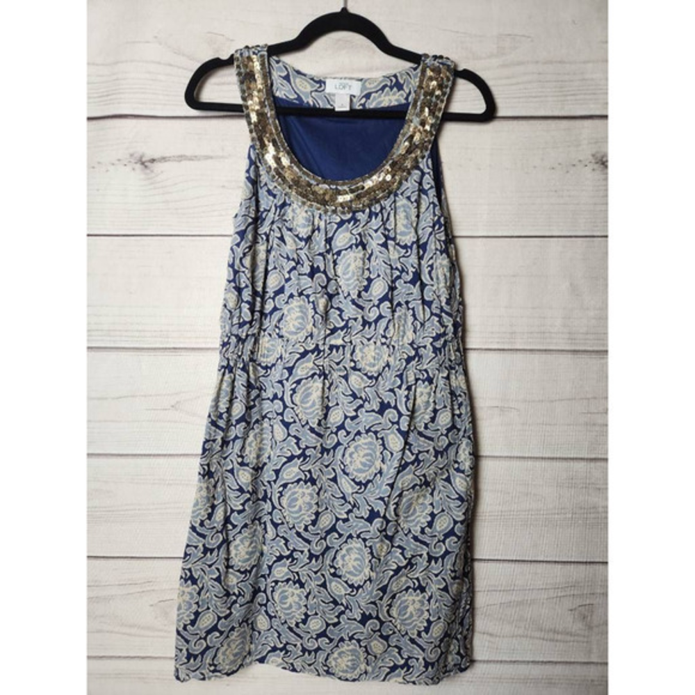 Loft Womens Shift Dress Blue Floral Lined Mini Scoop Neck Sleeveless‎ Sequin 4